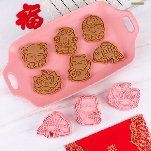 6pcs New Year Plastic Baking Mold Kitchen Biscuit Cookie Cutter Pastry Plunger 3D Die Fondant Cake Decorating Tools
