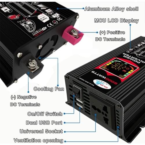 6000W 12V to 220V Smart Display Car Power Inverter Converter Adapter Dual USB Voltage Transformer Modified Sine Wave