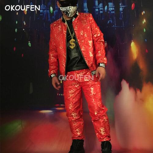 Chinese style Red Embroidery Gold Dragon Print Baseball Uniforms Nightclub bar hairdresser stage performance clothing set
