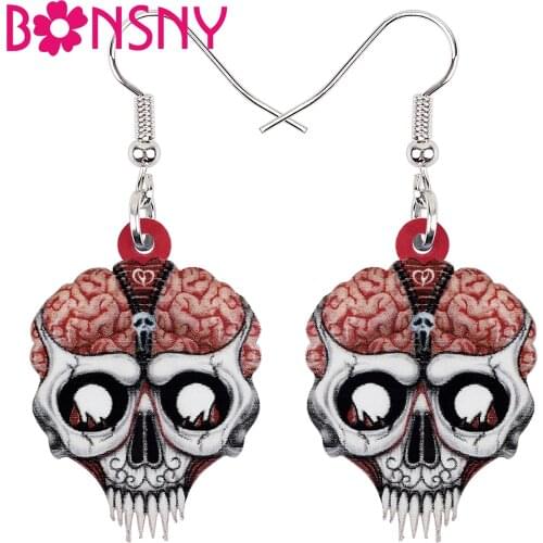 BONSNY Halloween Acrylic Red Brain Plasma Skull Earrings Fashion Big Drop Dangle Magic Charm Gifts Jewelry For Women Girls
