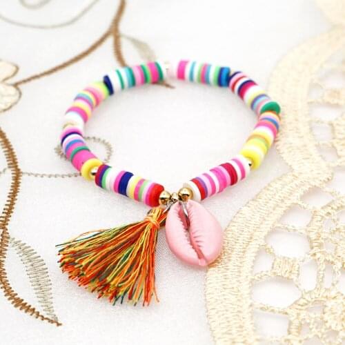 YD Seaside Beach Style 6mm Colored Soft Clay All-match Natural Shell Tassel Bracelet Female Beach Accessories Original Gifts
