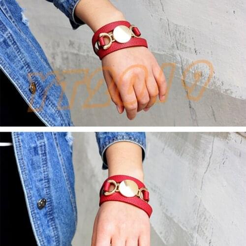 240pcs Silver/Gold Blank Disk Multiple Wrap Leather Bracelet Women Trendy Monogram Handmade Genuine Leather Cuff Bracelets