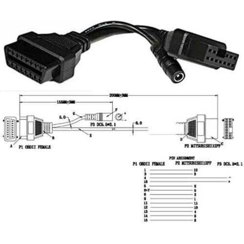 A Quality OBD Cable For Mitsubishi 12 Pin To 16 Pin Male To Female OBD2 Extension Connector Cable Diagnostic Tool With ELM 327