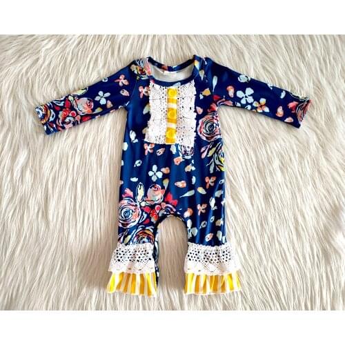 High quality kids fall romper flowers pattern and ruffle design for the girl jupmsuit baby girl long sleeve romper