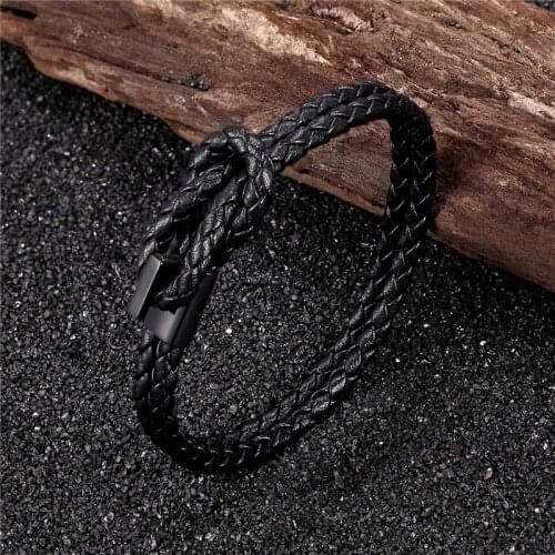 MKENDN High Quality Braided Leather Men Women Infinty Knot Black Stainless Steel Easy Clasp Dropship Jewelry
