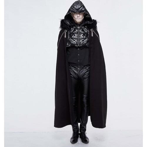 Gothic Punk Mens Jackets And Coats Black Long Cloak With Hat Metal Chains Winter Jacket