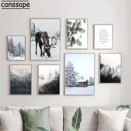Reindeer Cedar Winter Snow Forest House Canvas Painting Poster Print Pine Elk Wall Art Picture Nordic Posters Living Room Decor