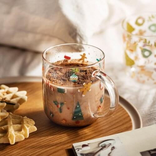 Fuk Thr Korean Hand-Painted Ins Wind Christmas Glass Home Breakfast Cup Drink Cup Large Capacity Milk Tea Cup With Water Cup