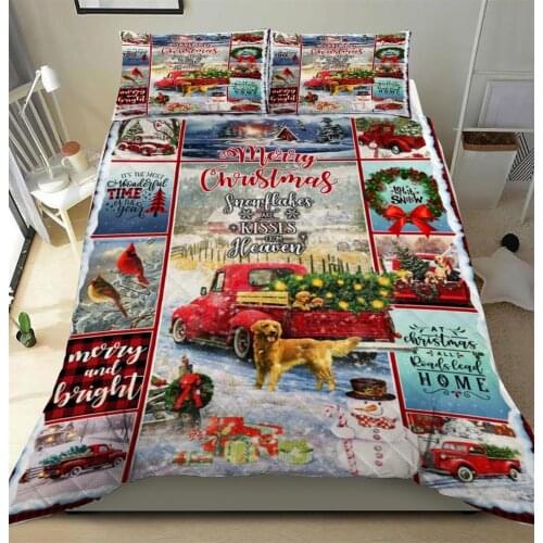 Merry Christmas Red Truck 3pcs Quilt Pillowcase Bedding Set Queen King Size Quilted Duvet Cover Bed Cover Set Home Textiles