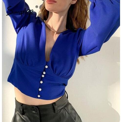 Simplee Elegant v-neck peal womens blouse autumn High street puff long sleeve blouse shirt Fashion button female crop tops 2021
