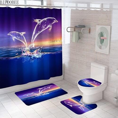 3D Ocean Dolphin Shower Curtain for Bathroom Decoration Evening Sea Toilet Lid Cover Non-Slip Carpet Bath Curtains with Hooks