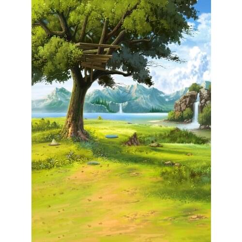 VinylBDS 5x7ft Spring Photography Backdrops Background Photo Field Trees Mountains Rivers Clouds Green Grass Weeding Backdrop