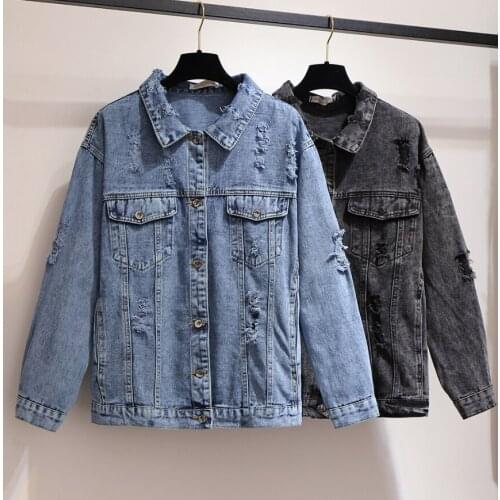 Womens Jeans Jacket Vintage Turn-Down Collar Plus Size Denim Basic Coat Loose Oversize Motorcycle Punk Ripped Hole Outerwear
