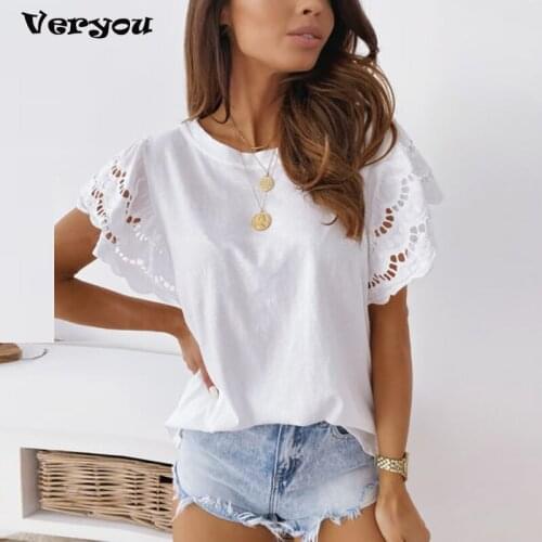 Sexy Lace Patchwork Short Butterfly Sleeve Tops Elegant Embroidery Solid O-Neck T-Shirts Summer Women Harajuku TShirt Blusa