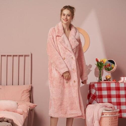 Womens Winter Warm Coral Fleece Robes 2020 Long Elegant Bathrobe Robes Pink Sleepwear Ladies loose Homewear FG253