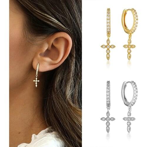 925 Sterling Silver Cross Earrings CZ Crystal Hoop Earrings For Women Prevent Allergy Earrings Girls Gift Fashion Jewelry