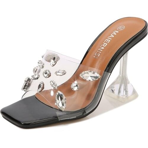 MAIERNISI Big Size 45 46 Rhinestone Pumps Open Toe High Heels Women Transparent Perspex Slippers Shoes Clear Wine Glass Sandals