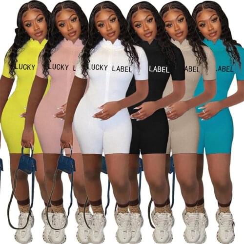 Lucky Lable Letter Embroidery Short Sleeve Turtleneck Jumpsuits Solid Color Fitness One Piece Zipper Overalls For Women S-XXL