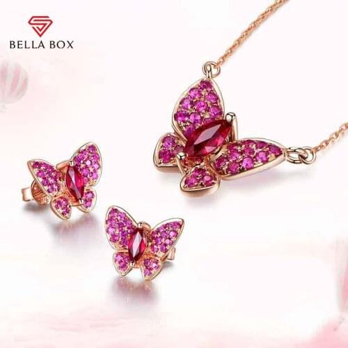 Bella Box Butterfly Jewelry Set For Women Real 925 Sterling Silver Ruby Gemstone Luxury Wedding Party Fine Jewelry Elegant Girls