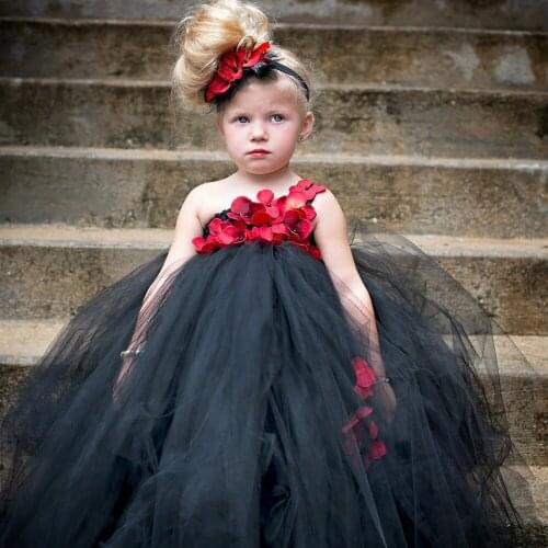 Girls Black Tulle Tutu Dress Kids Single Shoulder Dress Ball Gown with Red Flowers and Hairbow Children Party Costumes Dresses