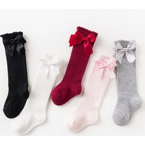 Childrens Princess Socks Bowknot Vertical Stripes Baby Socks Cotton Girl Knee High Socks Infants