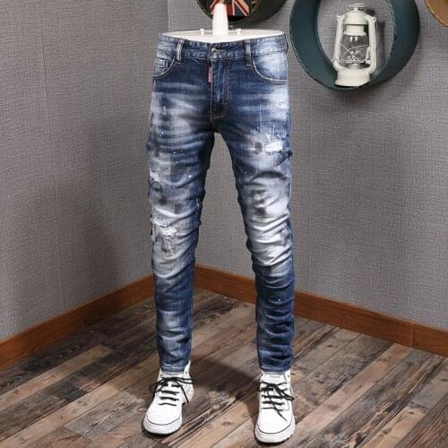 Italian Brand Fashion Men Jeans High Quality Retro Blue Slim Ripped Jeans Men Distressed Painted Designer Hip Hop Denim Pants