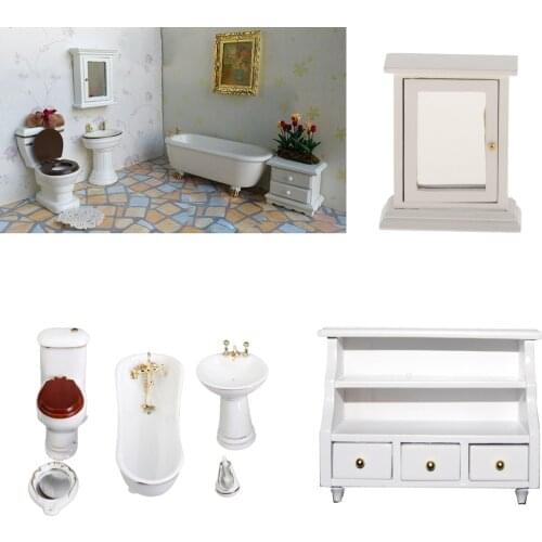 1:12 Scale Dollhouse Miniature Bathroom Furniture Set ,Porcelain Bathtub Model Set and Mirror Box Cabinet White