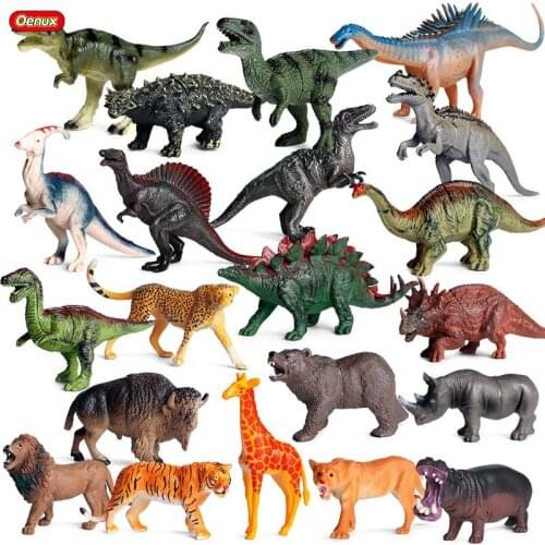 Oenux Jurassic Dinosaur Spinosaurus Velociraptor T-Rex Zoo World Wild Animal Lion Tiger Model Action Figures PVC Toy For Kids
