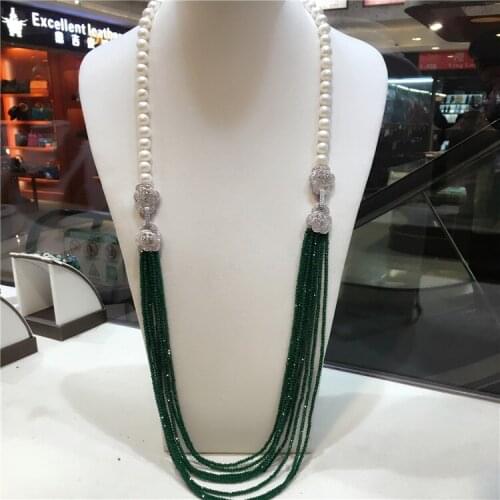 Hot sell 9 -10 mm white freshwater pearl necklace green beads multilayer long sweater chain fashion jewelry 32inches