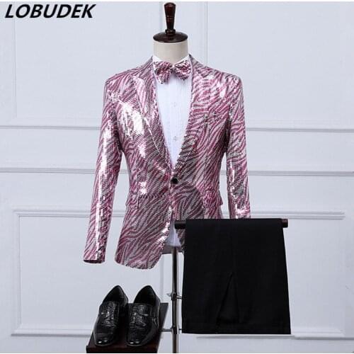 Blazer+Tie+Pants 3 Pieces Set Mens Pink Purple Green Stripes Glitter Sequins Wedding Suits Host Singer Perform Stage Costume