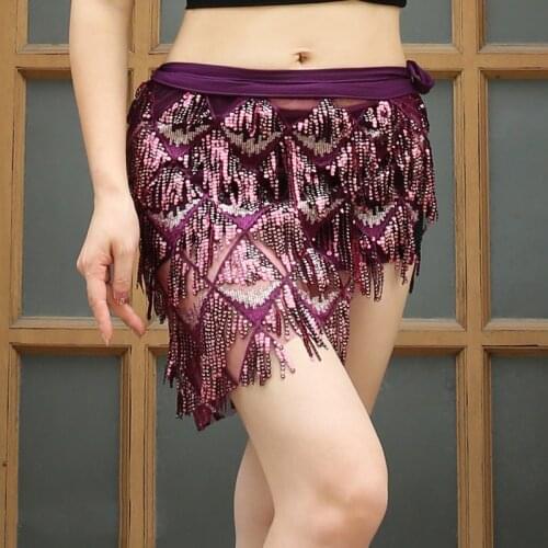 Women Dance Class Wear Over-Skirt Adjustable Fit Belly Dance tassel Sequins Hip Scarf Shinny Wrap Belts