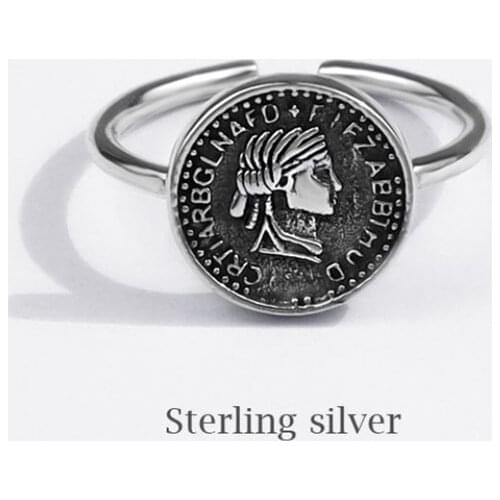 Season Gate Sterling Silver Retro Letter with Round coin Adjustable Size Open Ring SR083