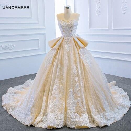 RSM67063 Champagne Applique Print Pattern Design Bridal Wedding Dress 2021 Lace Grid Back Lace-Up Design Banquet Long Skirt