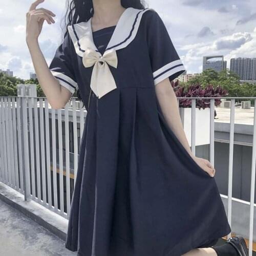 Japanese Summer Plus Size Kawaii Women Dress Preppy Style Ins Bow New Harajuku Y2k Sweet New Short-Sleeved JK Ulzzang Chic Dress