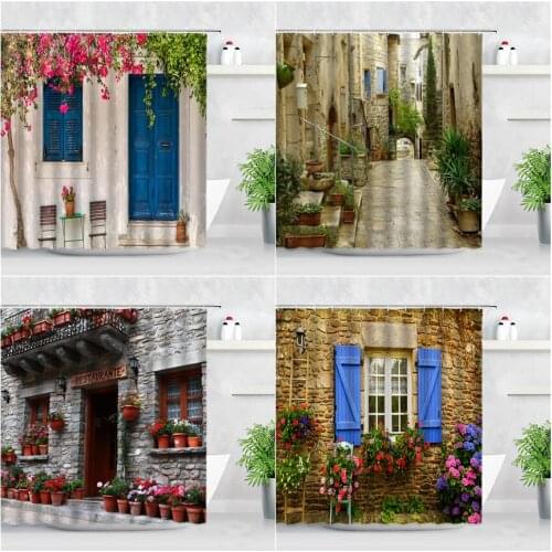 Rural Flowers Street Scenery Shower Curtains Floral Green Plant Retro Blue Door Garden Wall Decor Hanging Cloth Bathroom Curtain