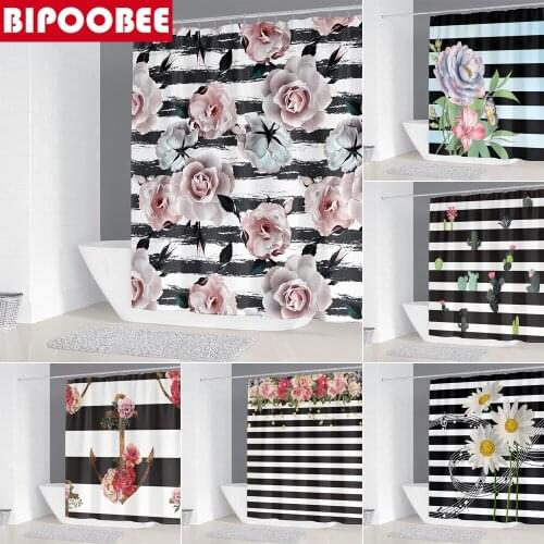 Black and White Stripes Bathroom Shower Curtain Fabric Waterproof Polyester Plant Flowers Pattern Bath Curtains with Hooks