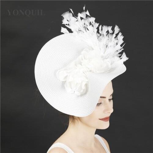 Imitation Sinamay Bride White Flower Hat Feather Fascinators Headband Women Elegant Fashion Headwear Dinner Party Hair Accessory