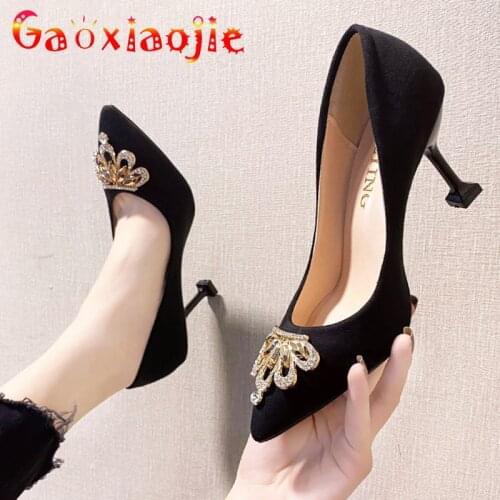 Gaoxiaojie 2021 Luxurious Diamond Crown Elegant High Heels High-Quality Flock Pointed Toe Red Wedding Shoes 7CM Party Stiletto