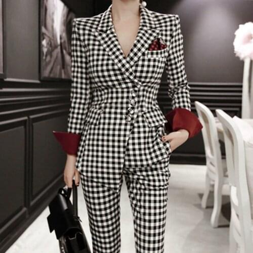 Womens suit female 2019 new fashion temperament small suit irregular lattice suit jacket + pants elegant two-piece suit