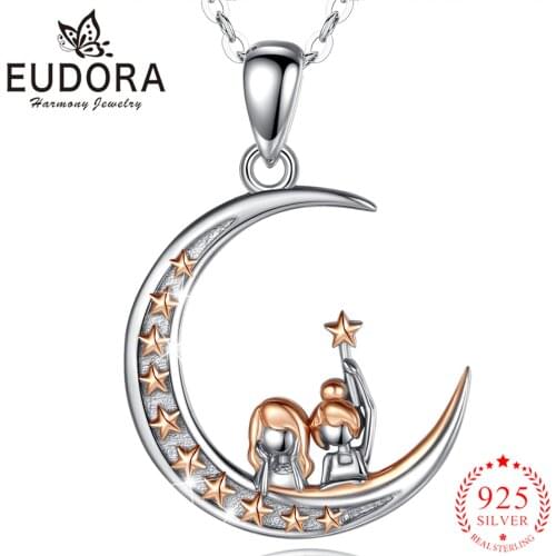 Eudora Real 925 Sterling Silver Good Sisters Moon Pendant Neckalce Women Fashion Sliver Jewelry for Birthday Gift Box CYD640