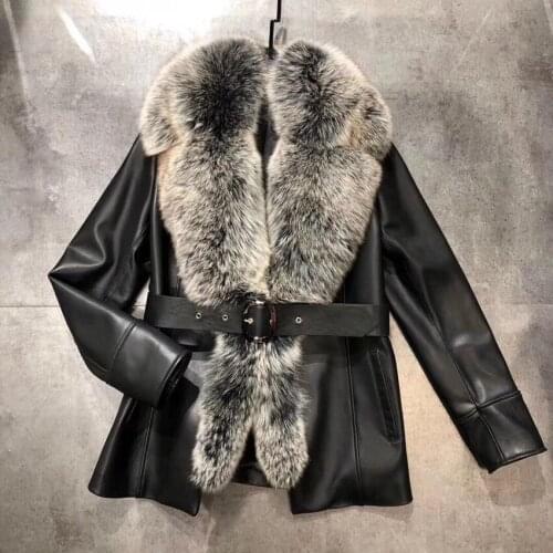 Women Coat Natural 100% Sheepskin Fox Fur Collar Winter Sheepskin Genuine Leather Windcoat Female Outwear H109