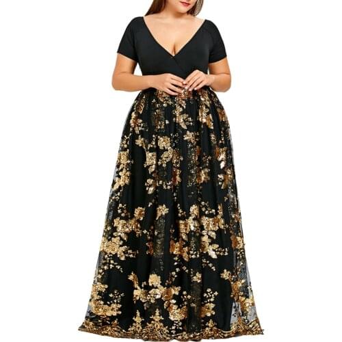 Women Plus Size V-Neck Dress Short Sleeve Floral Sequined Evening Party Mesh Dress 5XL Summer Casual Long Dresses Ropa Mujer