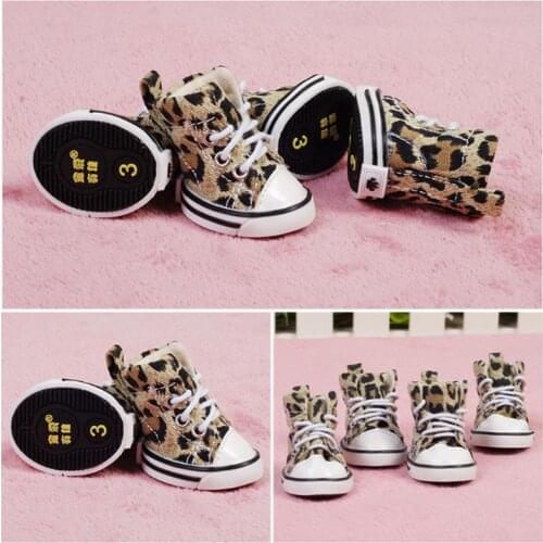 4pcs/set Winter Fashion Lacing Puppy Shoes Leopard Canvas Dog Shoes For Small Dogs Anti-slip Dog Sneaker Soft Bottom Dog Booties