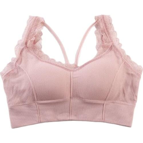 Women Plus Size Push Up Bra Lace Cross Tank Top Sexy Seamless Lingerie Cami Female Bralette Crochet Vest Crop Top Underwear Pink