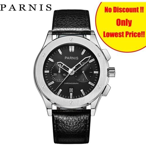 Casual Fashion Men Watch Parnis 41mm Mens Qaurtz Wrist Watch Chronograph Black Leather Auto Date Mens Quartz Military Watches
