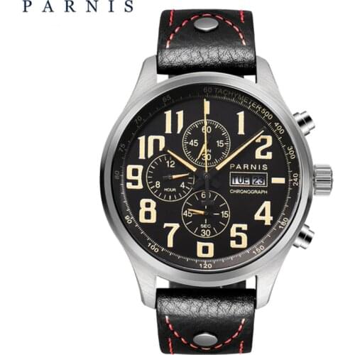 Parnis 43mm Quartz Watch Analogue Chronograph Military Pilot Watch Diving Watch 100m Waterproof Wristwatch Mens