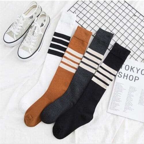 Classic Style Ladies Girls Cotton Blend Harajuku Striped Stockings Tube Calf School Knee High Socks Fall Spring Socks
