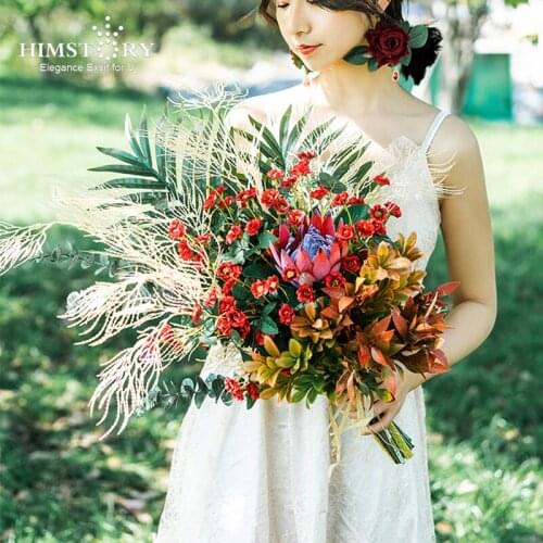 HIMSTORY Vintage Bride Wedding Bouquet Charm Yellow Red Green Mix Artificial Flowers Fruit Bridal Bouquets Home Decoration