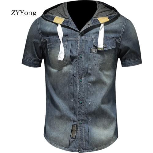 European Style Cotton Hooded Bomber Pilot Short Sleeve Blue Thin Denim Shirt Men Jean Coat Streetwear Fashion Cowboy Clothing