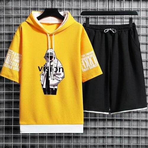Streetwear Mens Sets Japan Men Clothing Print Hooded Short Sleeve T Shirts+Casual Elastic Waist Shorts Fashion Tracksuit Men